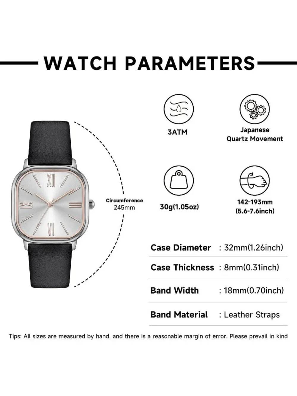 Women's Black Silver Square Case Leather Strap Easy to Read Casual Wrist Watch